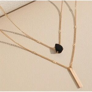 Layered Gold & Black Teardrop Pendant Necklace Women's Elegant Fashion Jewelry